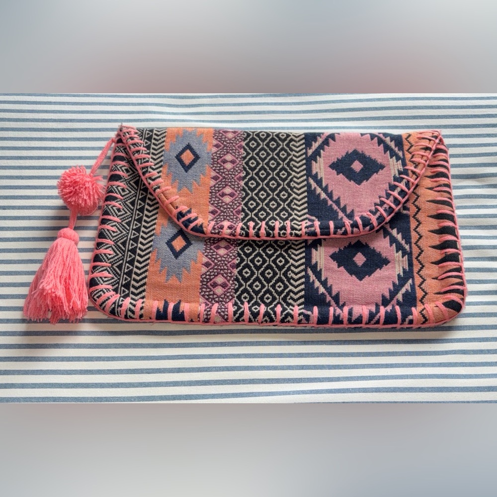 Bohemian Pink Blue Satchel Clutch Coral Orange purse Pom fringe Boho Bag